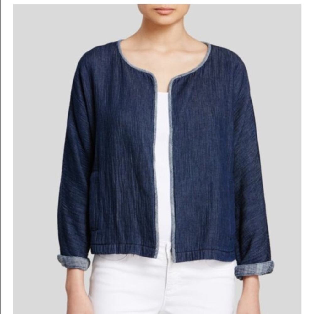 Eileen‎ Fisher Organic Cotton Open Front Denim Jacket Blue Womens Size XS
